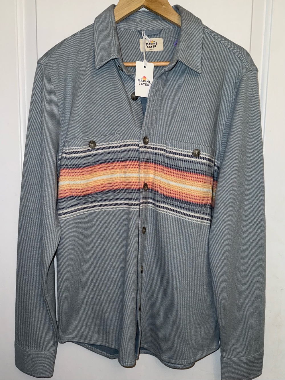 Marine Layer NWT Pacifica Stretch Twill Shirt in Blue Multi Stripe